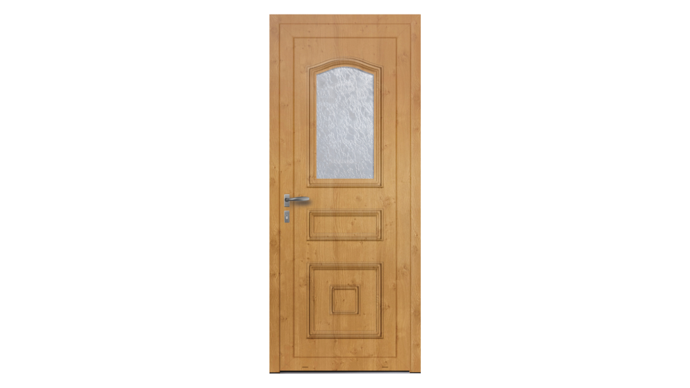 Porte d'entrée PVC parclosé PLESSIS 2 Porte d'entrée traditionnelle couleur effet bois avec détails moulurés ainsi que partie vitrée